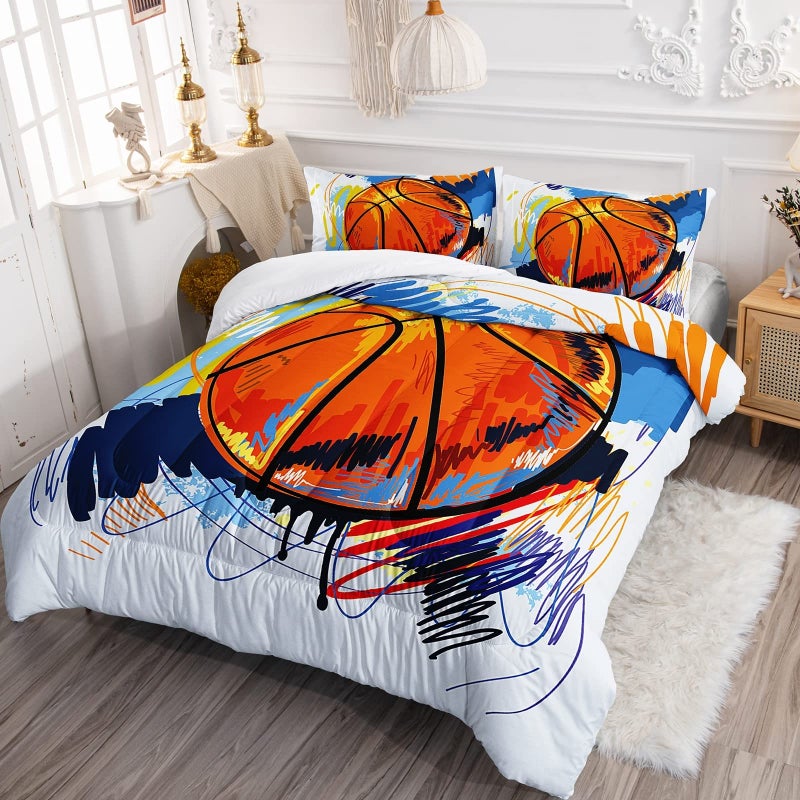 BSNTHO Basketball Comforter Set Boys Sports Bedding Set Queen Size for Kids Teens Hand Drawn Graffiti Style Comforter Design 3 Piece with 1 Comforter 2 Pillowcases - Image 2